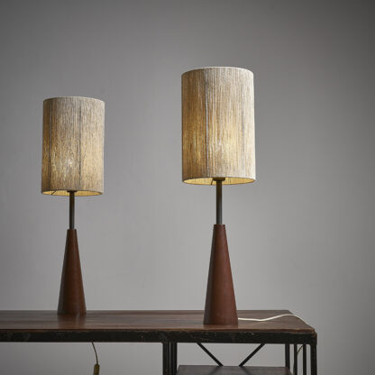 lampes jumelles à poser vintage bois teck abat jour artisanal