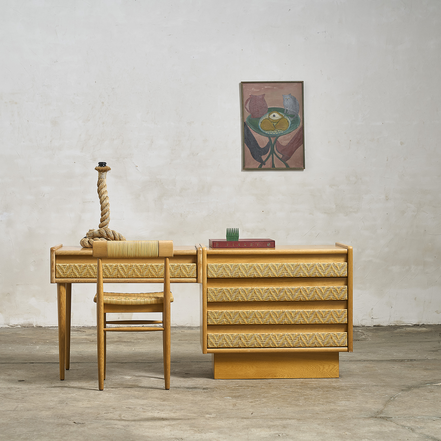 Coiffeuse et commode chêne et rotin